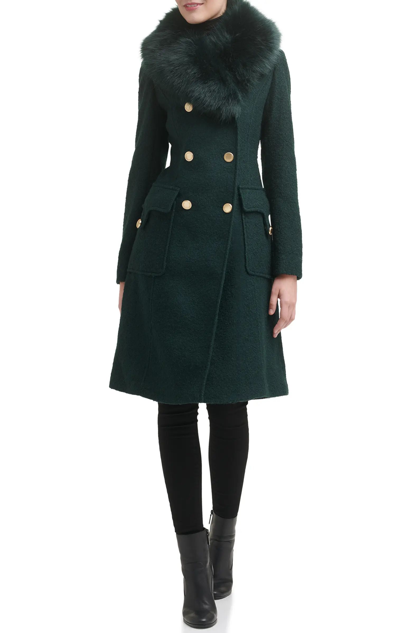 Removable Faux Fur Collar Wool Blend Double Breasted Walker Coat | Nordstrom Rack