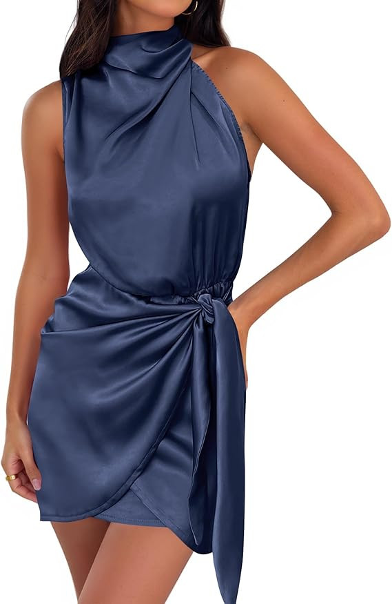 ZESICA Women's 2026 Fashion Satin Sleeveless Halter Neck Tie Waist Wrap Bodycon Cocktail Party Mi... | Amazon (US)