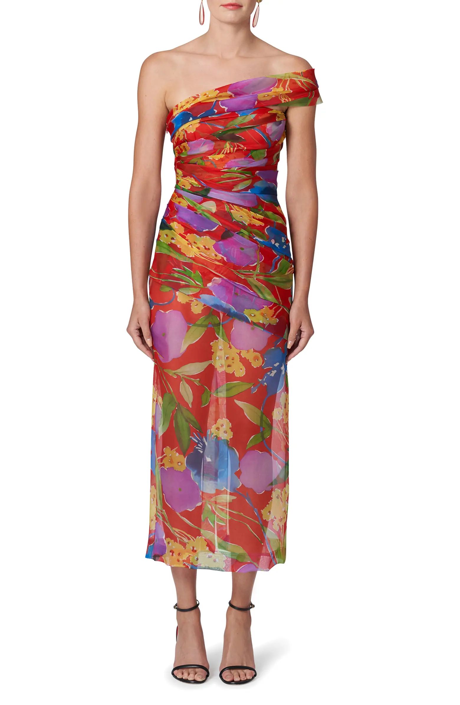 Floral Print Ruched One Shoulder Silk Dress | Nordstrom