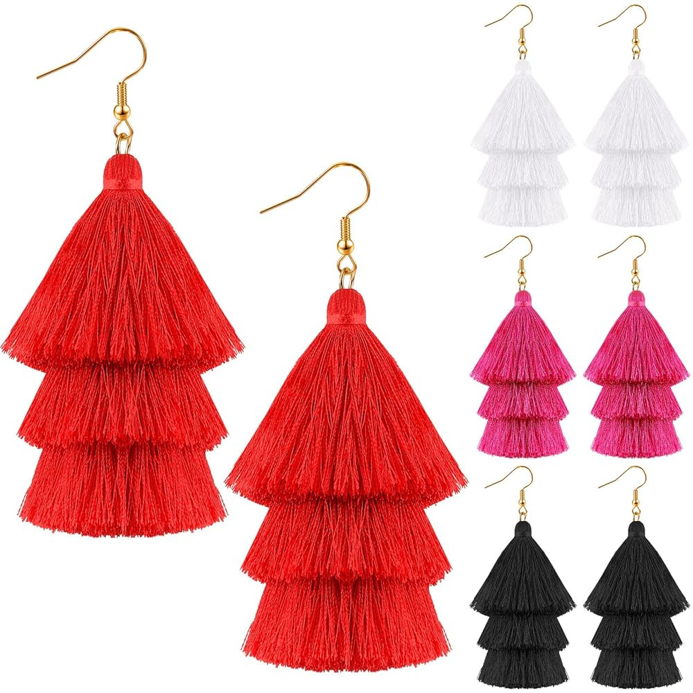 4 Pairs 3 Layers Tassel Earrings Red Earrings for Women Charm Crystal Silk Tassel Bohemian Dangle... | Amazon (US)