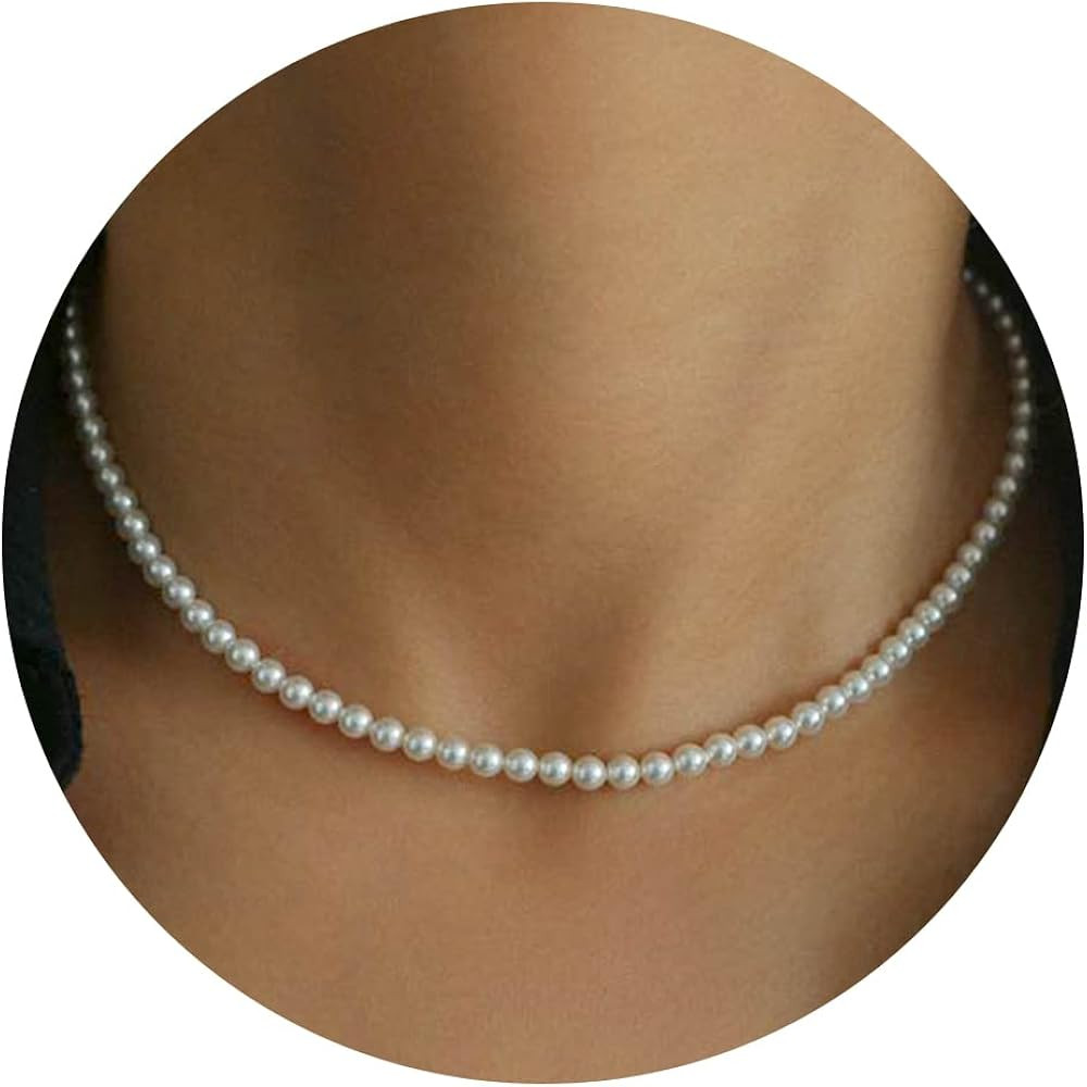 Pearl Necklace for Women,4-8MM Dainty Round Imitation Pearl Choker Necklace Wedding Pearl Necklac... | Amazon (US)