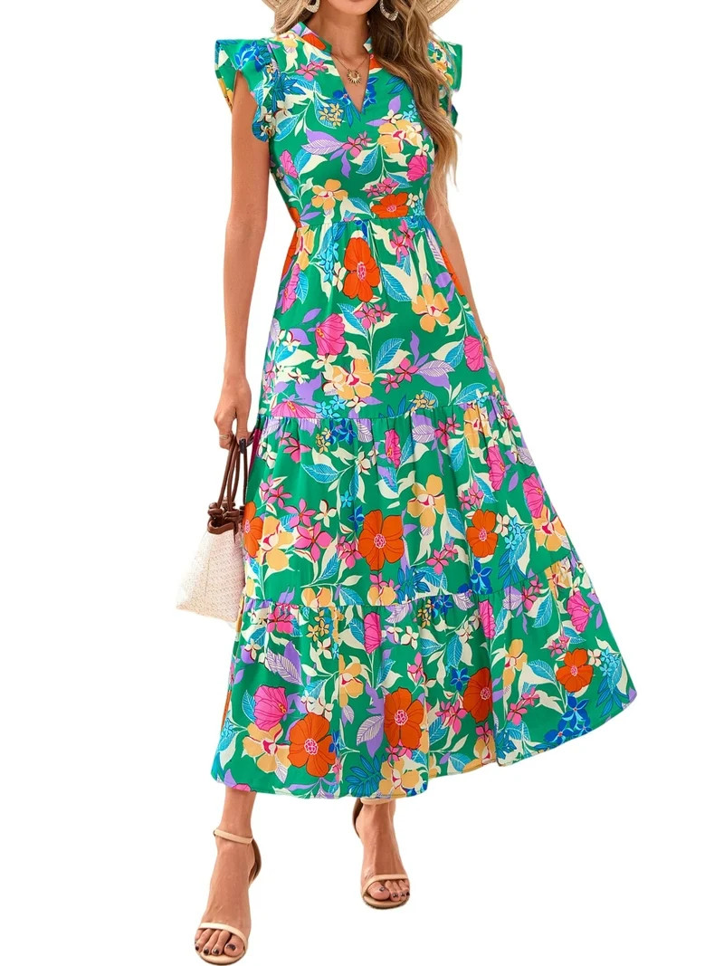 PRETTYGARDEN Women's Summer Floral Midi Dress Cap Sleeve V Neck Ruffle Long Flowy Boho Casual Bea... | Walmart (US)