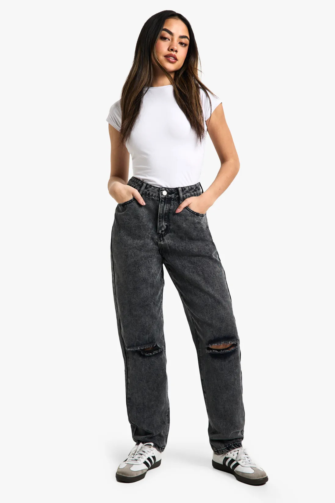 Boohoo Basics Ripped Knee Straight Leg Jeans | boohoo (US & Canada)