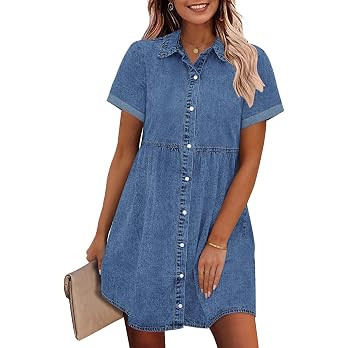 GRAPENT Denim Dress for Women Babydoll Tiered Short Sleeve Button Down Jean Shirt Dresses | Amazon (US)