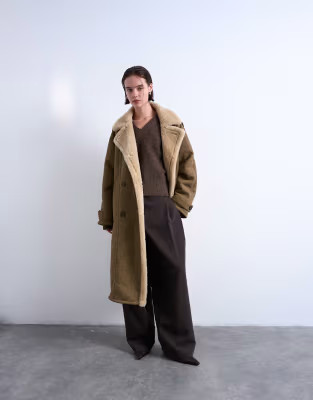 Formal longline shearling coat in khaki | Topshop