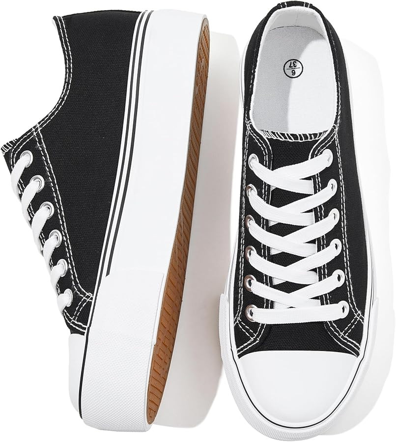 SERNIAL Womens White Platform Sneakers Low Top Platform Shoes Black Canvas Shoes for Women | Amazon (US)