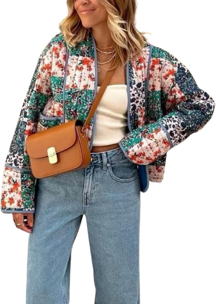 Women's Floral Quilted Jackets Cropped Reversible Open Front Lightweight Short Padded Puffer Coat | Amazon (US)