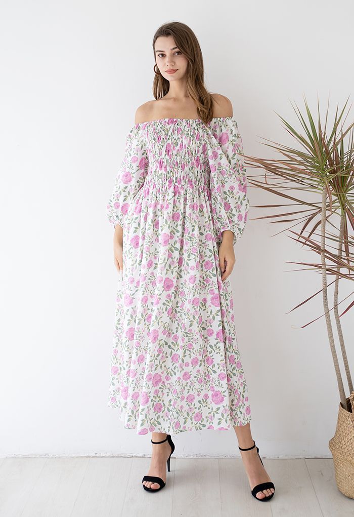 Flowery Field Off-Shoulder Shirred Midi Dress in Pink | Chicwish