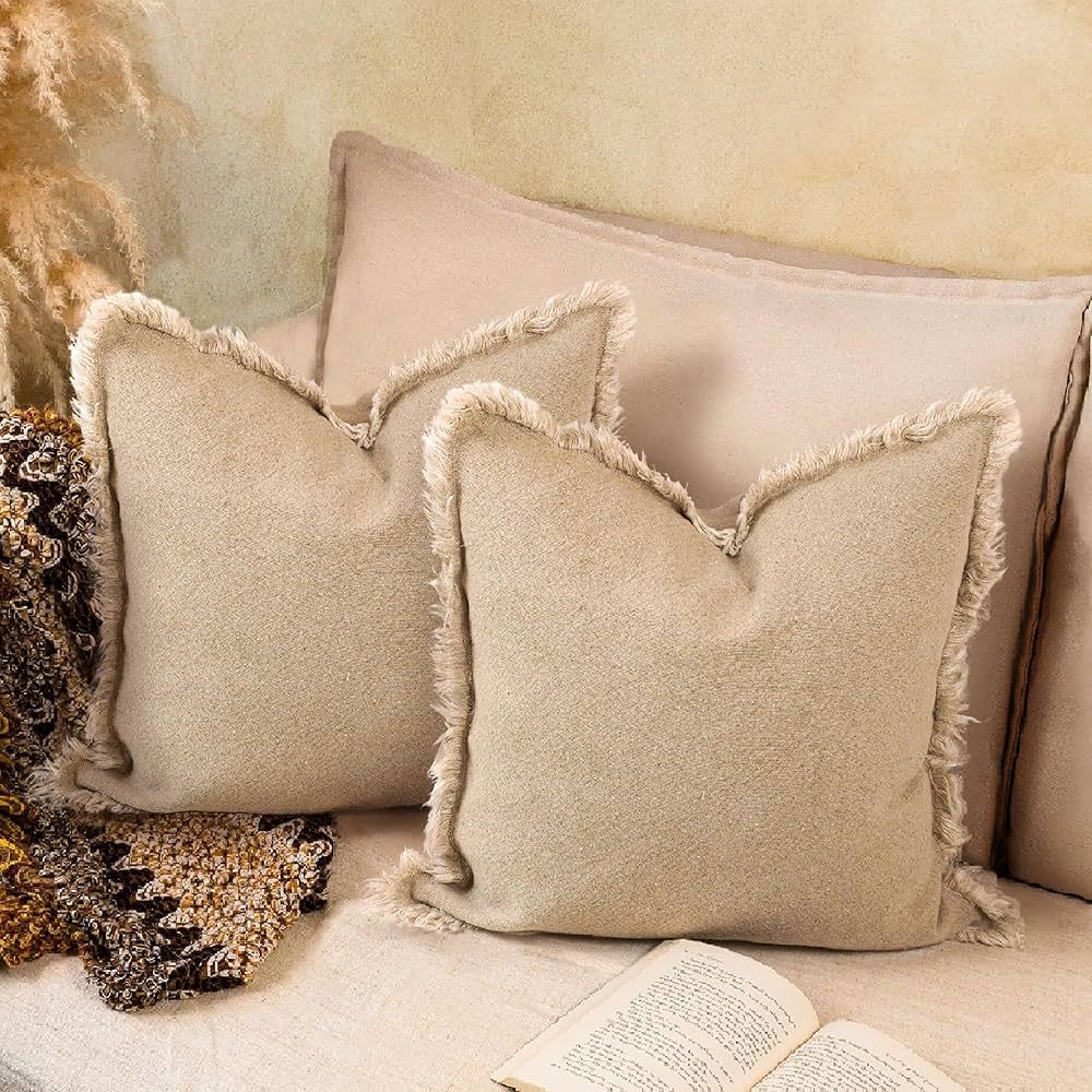 5F Balcony Decorative 100% Linen Boho Throw Pillow Covers 18 × 18 Set of 2 - Natural Beige Neutr... | Amazon (US)