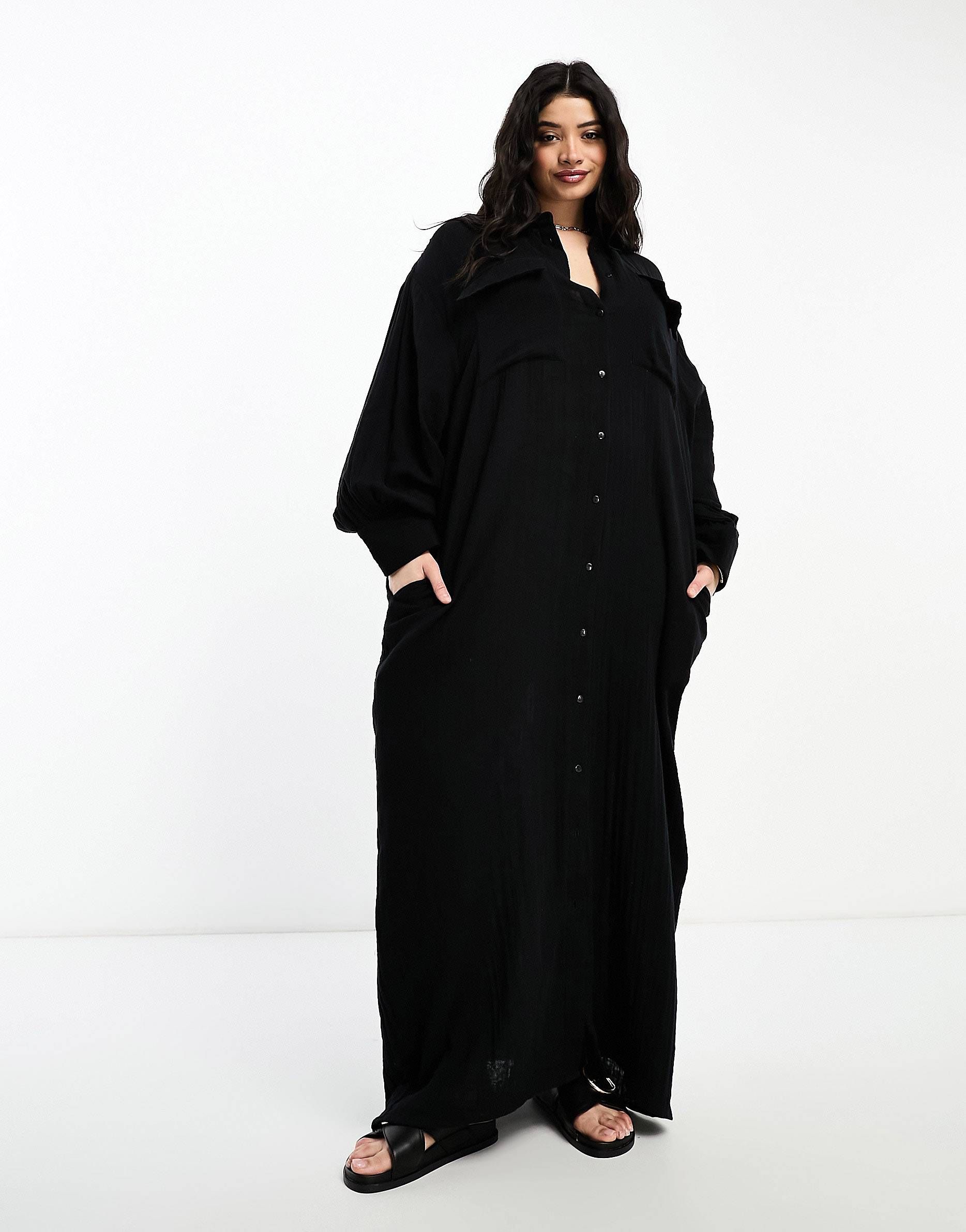 ASOS DESIGN Curve double cloth oversized maxi shirt dress in black | ASOS (Global)