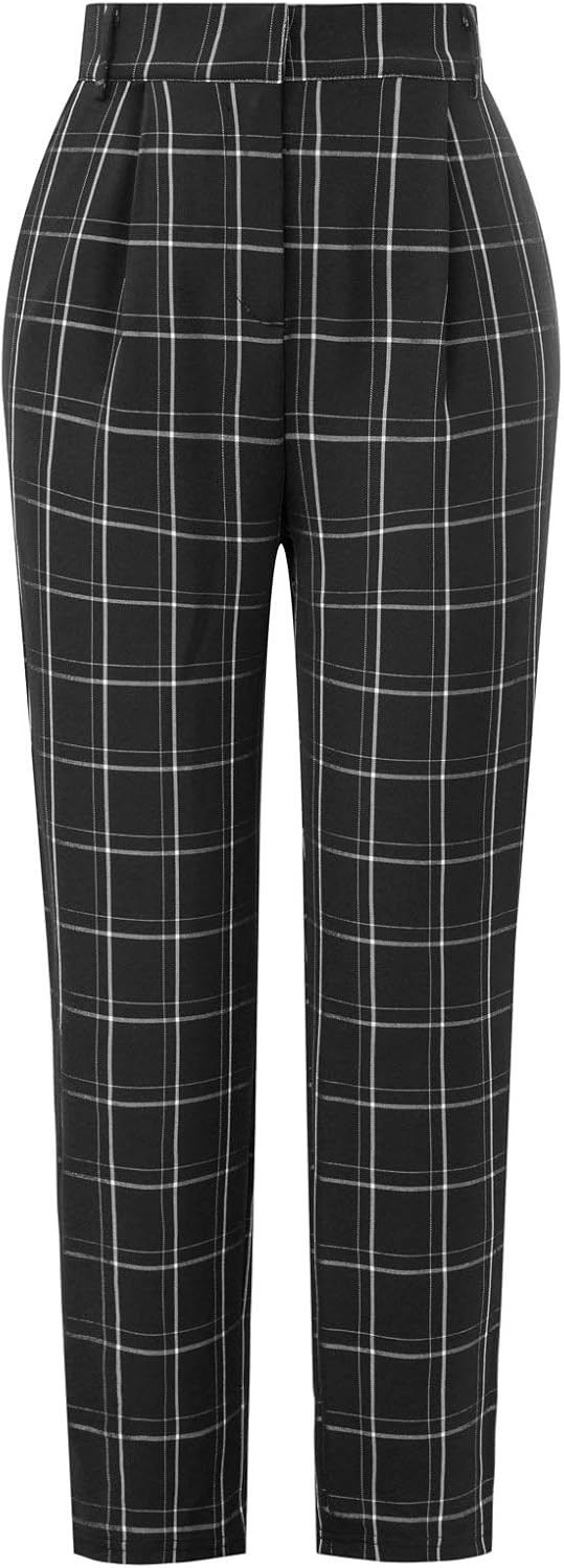 GRACE KARIN Women's Casual Work Pants with Pockets Elastic Waist Plaid Pants | Amazon (US)