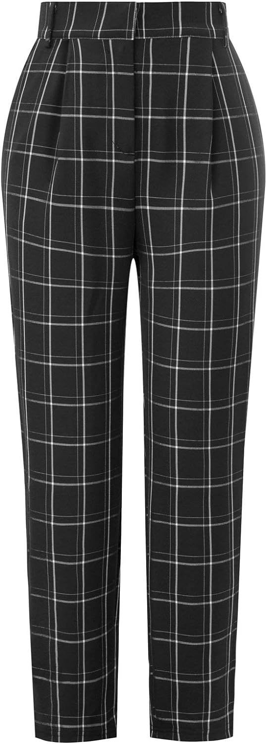 GRACE KARIN Women's Casual Work Pants with Pockets Elastic Waist Plaid Pants | Amazon (US)