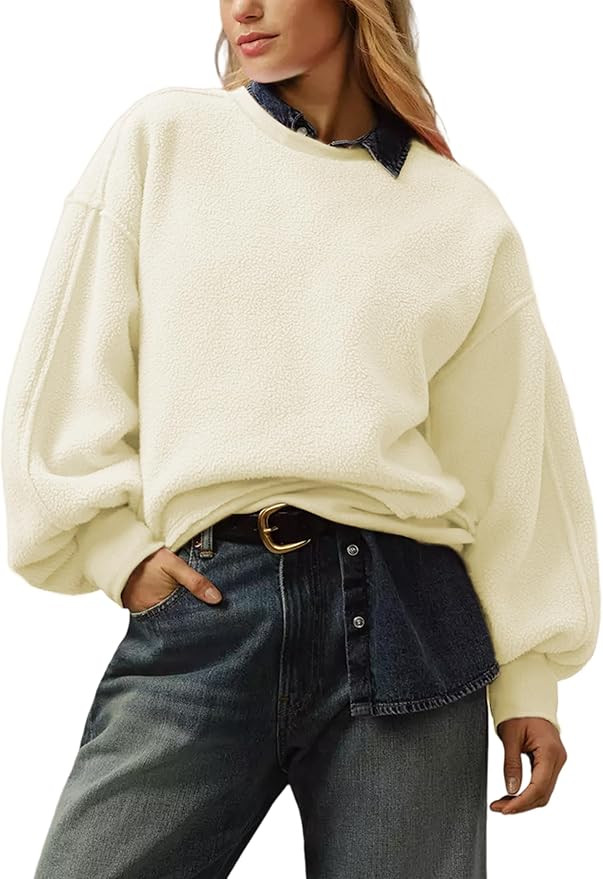 APAFES Womens Oversized Fleece Sweatshirts Warm Fuzzy Long Sleeve Trendy Pullover Tops | Amazon (US)
