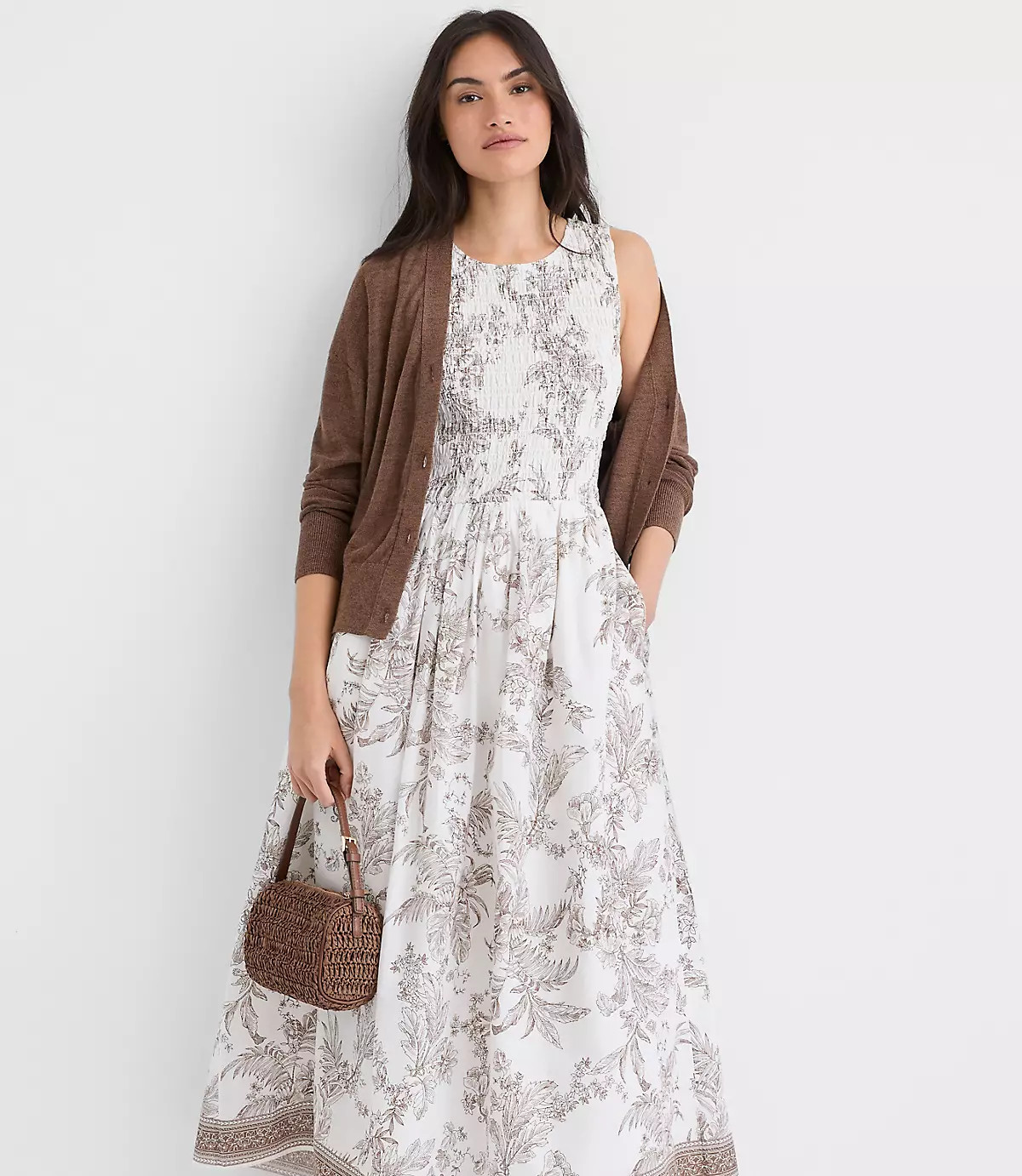 Floral Toile Smocked Midi Pocket Dress | LOFT