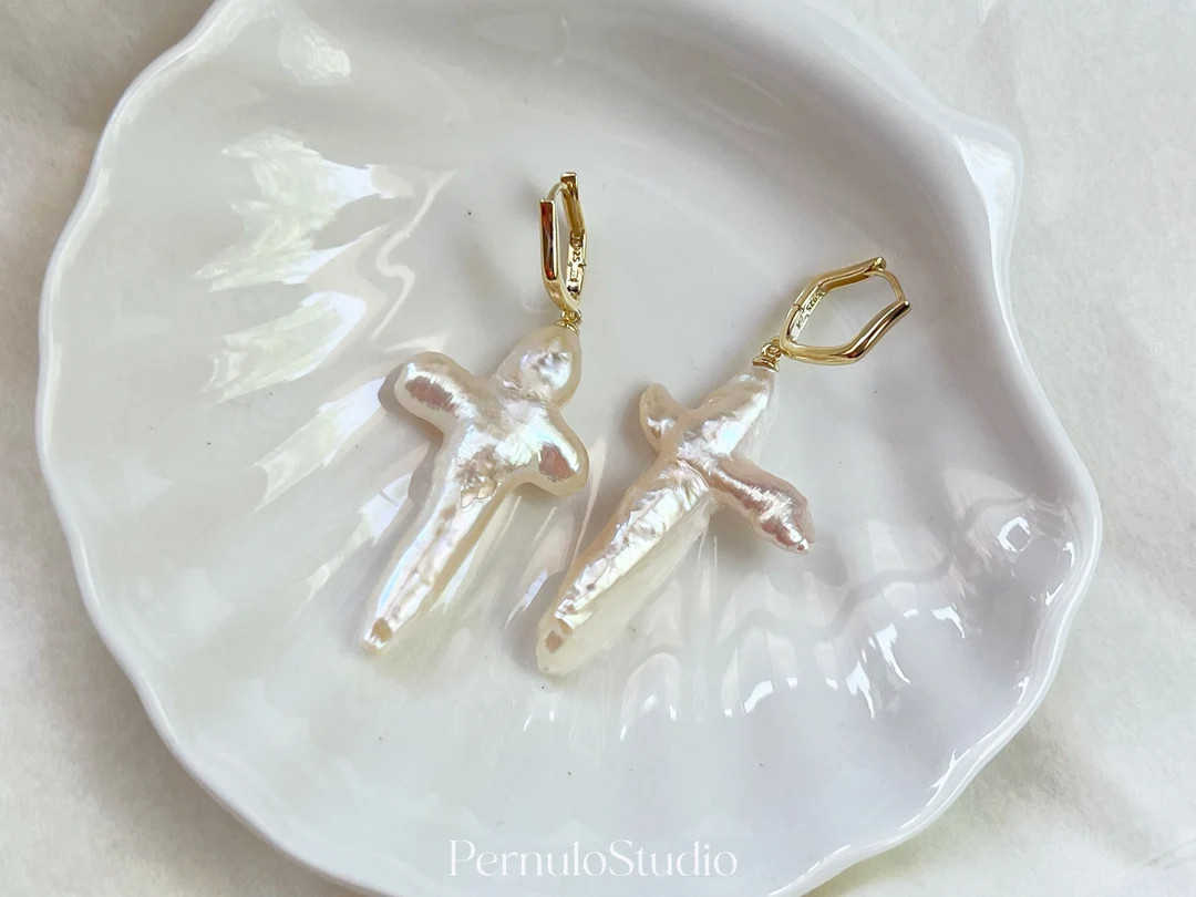 Pearl Cross Earrings | Freshwater Pearl Dangle Earrings | Bridal Earrings Statement Earrings | Bi... | Etsy (US)