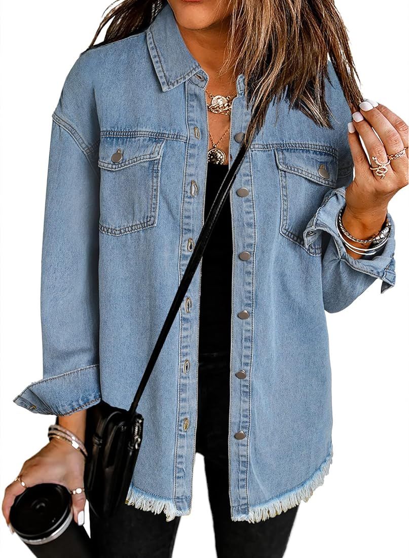 Dokotoo Women's Oversized Denim Jacket Casual Long Boyfriend Distresse Jean Jacket Autumn Spring | Amazon (US)