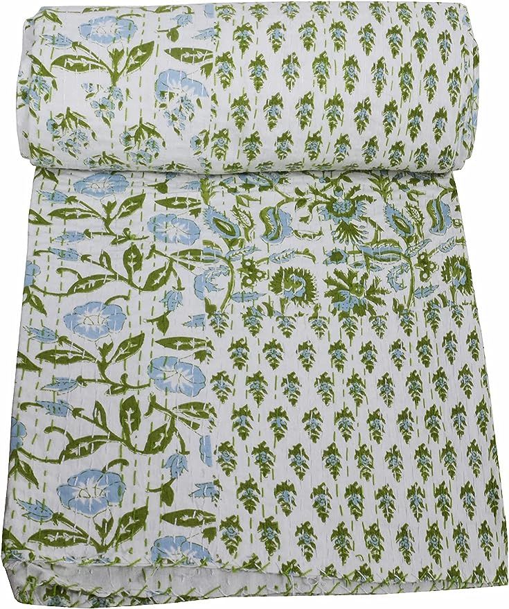SOMUKARA Patchwork Print Kantha Quilt Indian Block Handmade Cotton Blanket Kantha Bedding Throw Q... | Amazon (US)