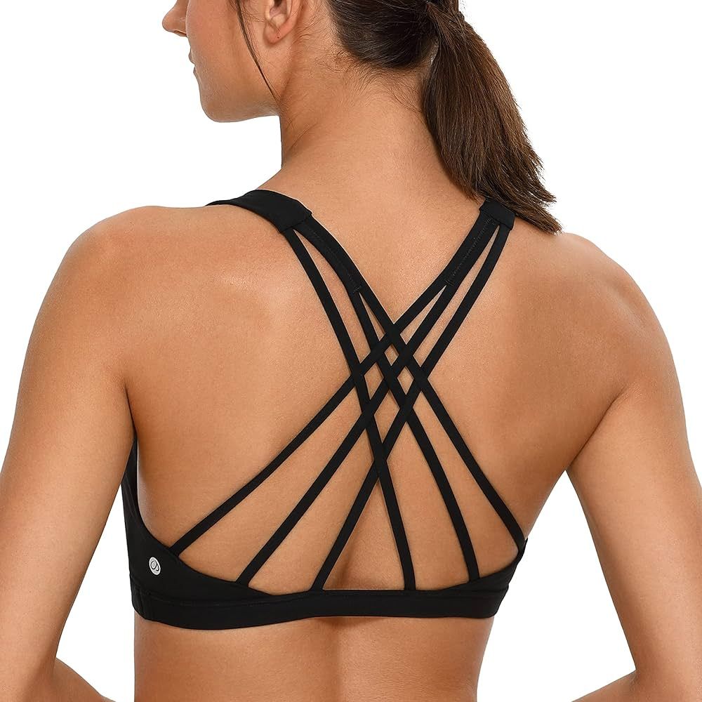 CRZ YOGA Strappy V Neck Sports Bra for Women - Padded Criss Cross Back Workout Yoga Bra | Amazon (US)