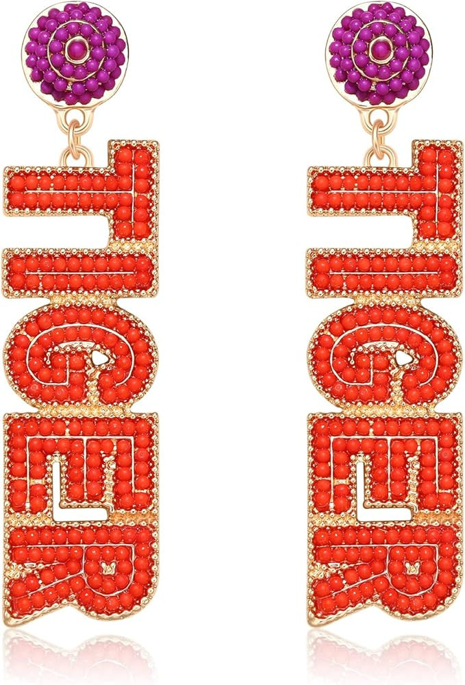 TIGER Earring Football Game Day Seed Bead Dangle Earrings for Women Girls Handmade Statement Spor... | Amazon (US)