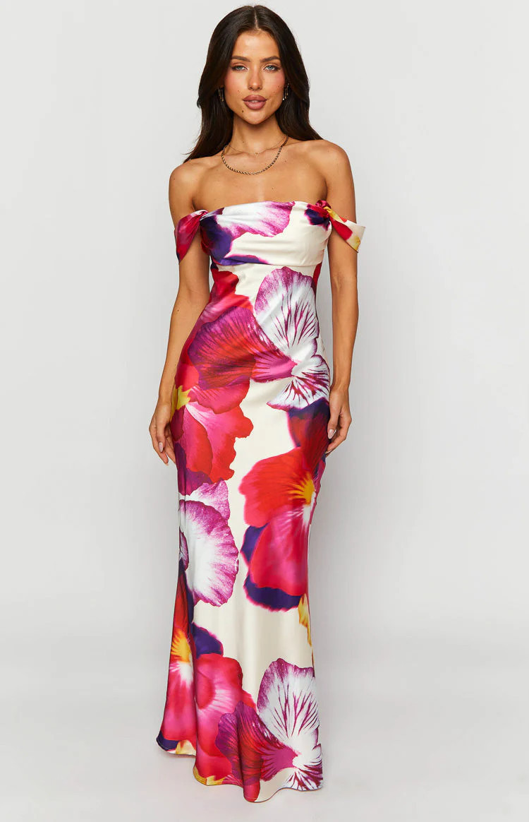 Ella Pink Floral Print Off Shoulder Formal Dress | Beginning Boutique (US)