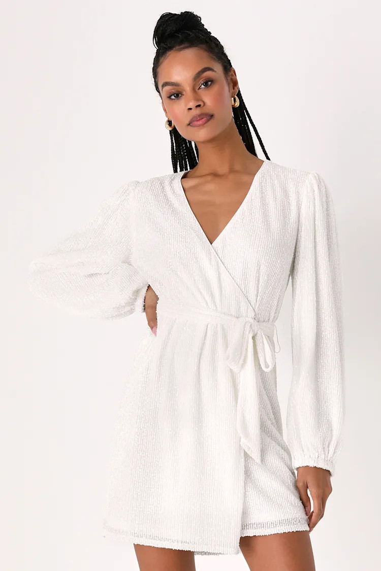 Sparkly Darling White Sequin Long Sleeve Wrap Dress | Lulus (US)