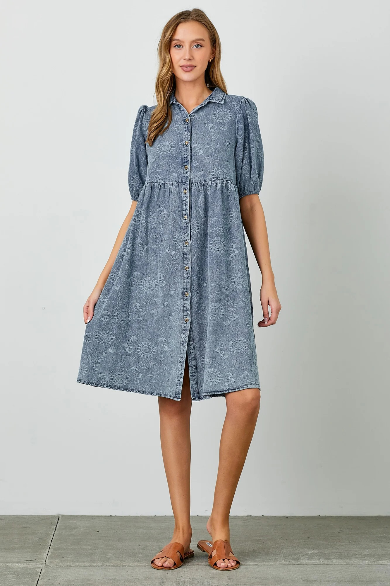 Blue Denim Button Front Short Puff Sleeve Dress | PinkBlush Maternity