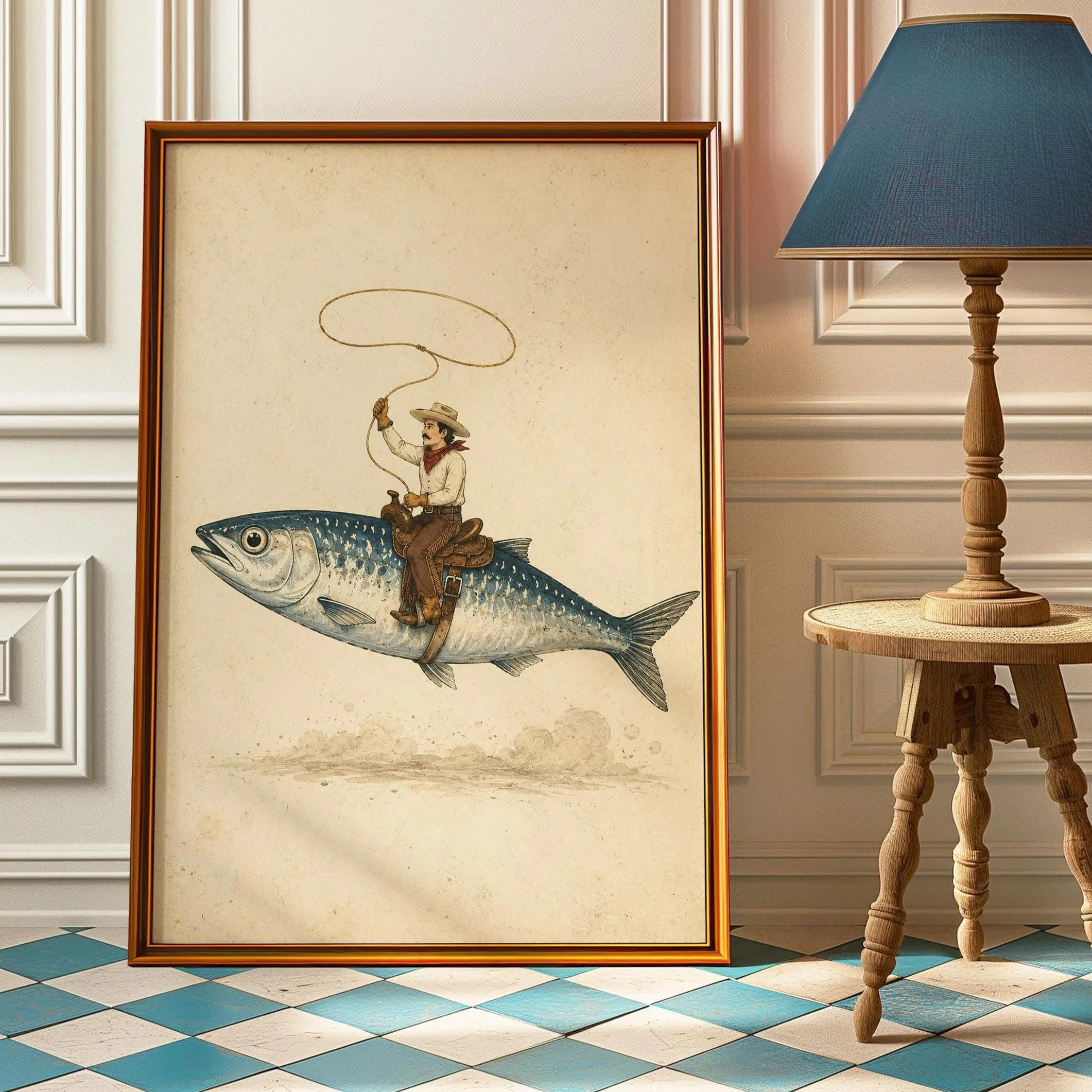 Cowboy Riding Fish Poster, Funny Fishing Wall Art, Vintage Western Print | Etsy (Global)