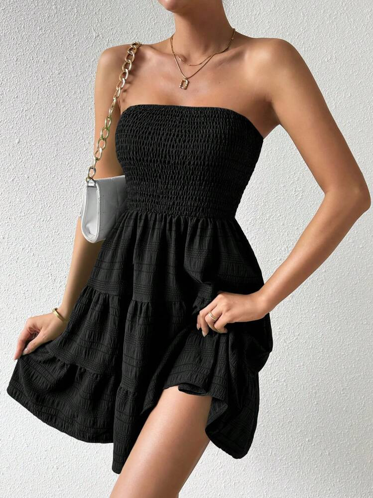 Celisse Solid Color Ruffles Hem Strapless Dress | SHEIN