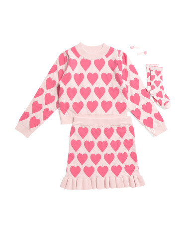Girls 2pc Heart Sweater And Skirt Set With Socks And Hair Clips | TJ Maxx