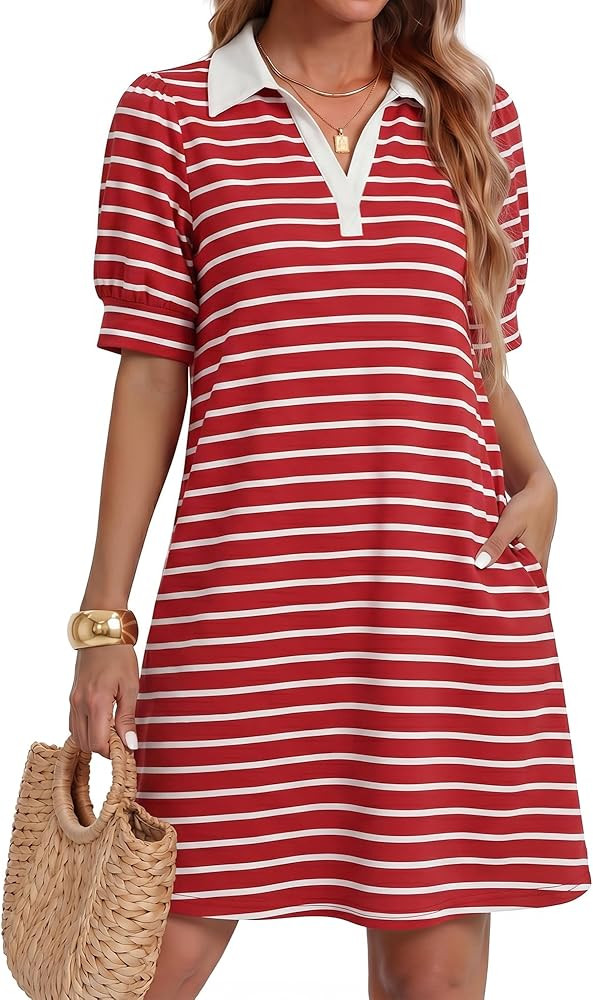 ZESICA Womens Summer Striped T Shirt Mini Dresses 2026 Casual Lapel V Neck Short Sleeve Flowy A L... | Amazon (US)