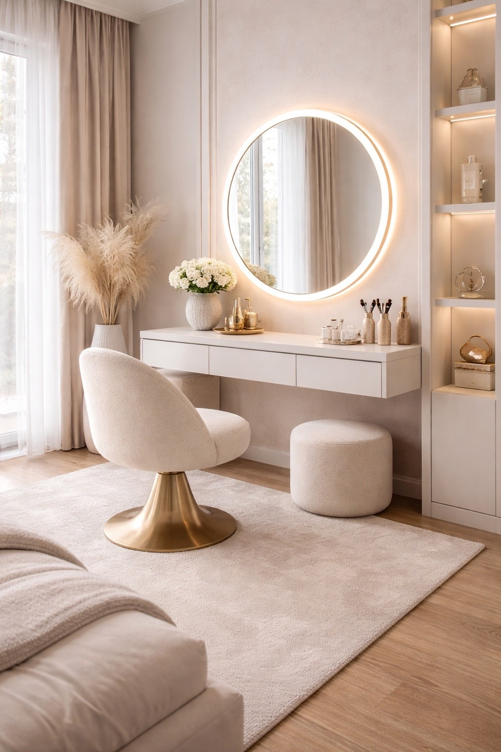 An ultra-modern makeup vanity designed in warm neutral tones, featuring a sleek floating table, a round LED mirror, and a sculptural designer chair.
Clean lines, soft lighting, and curated beauty details create a stylish, contemporary space perfect for a modern bedroom or dressing area.

Save this pin for modern vanity ideas, luxury makeup tables, and minimalist bedroom inspiration.
Shop similar vanity tables, LED mirrors, chairs, and decor through my LTK for a chic, designer-inspired look 🤍
#makeupvanity
#vanitytable
#modernvanity
#makeuptable
#luxuryinteriors
#neutralinterior
#bedroomdecor
#contemporarydesign
#softaesthetic
#interiorinspiration
#homedecorideas
#ltkhome
#ltkinteriors

