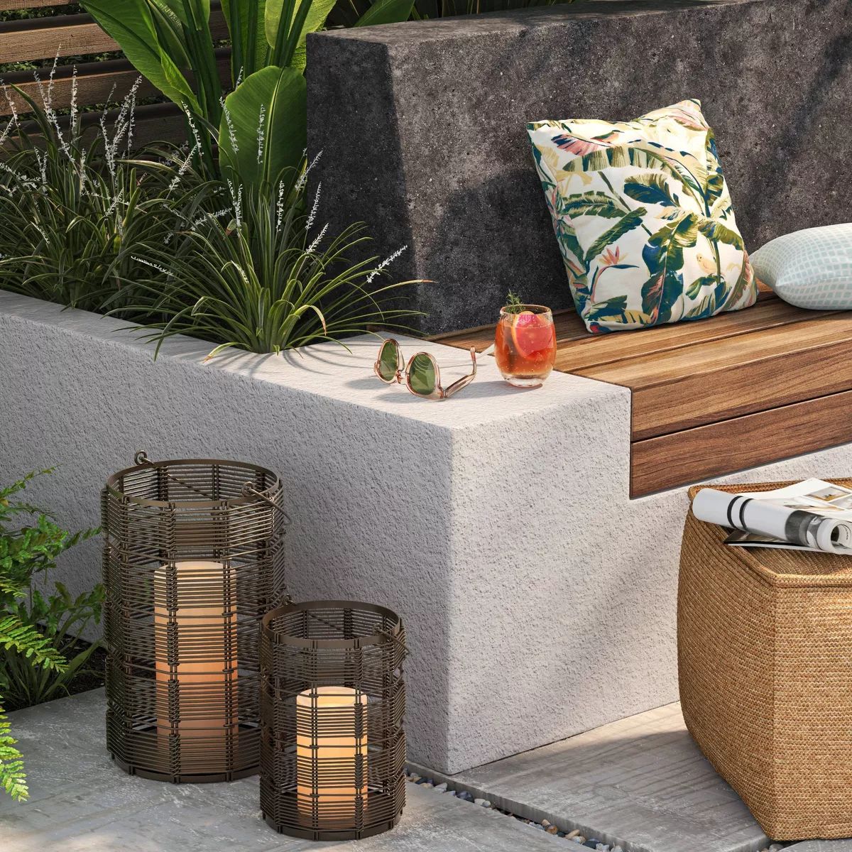 Metal and Wicker Woven Round Battery LED Outdoor Lantern Assorted Grays - Threshold™ | Target