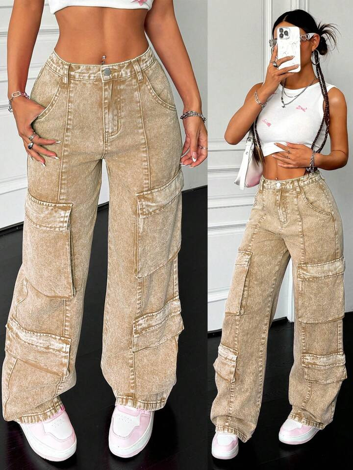 SHEIN PETITE Women's Baggy Wide Leg Jeans, Sexy Design, Cargo Women Pants, Hot Pinks Pants, Homec... | SHEIN