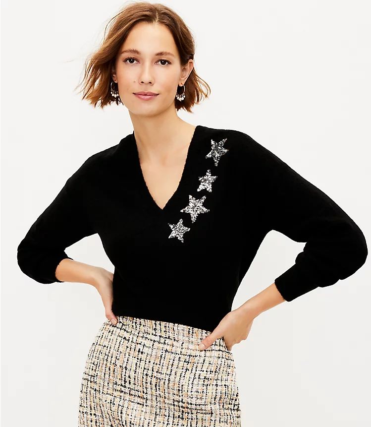 Shimmer Star V-Neck Sweater | LOFT