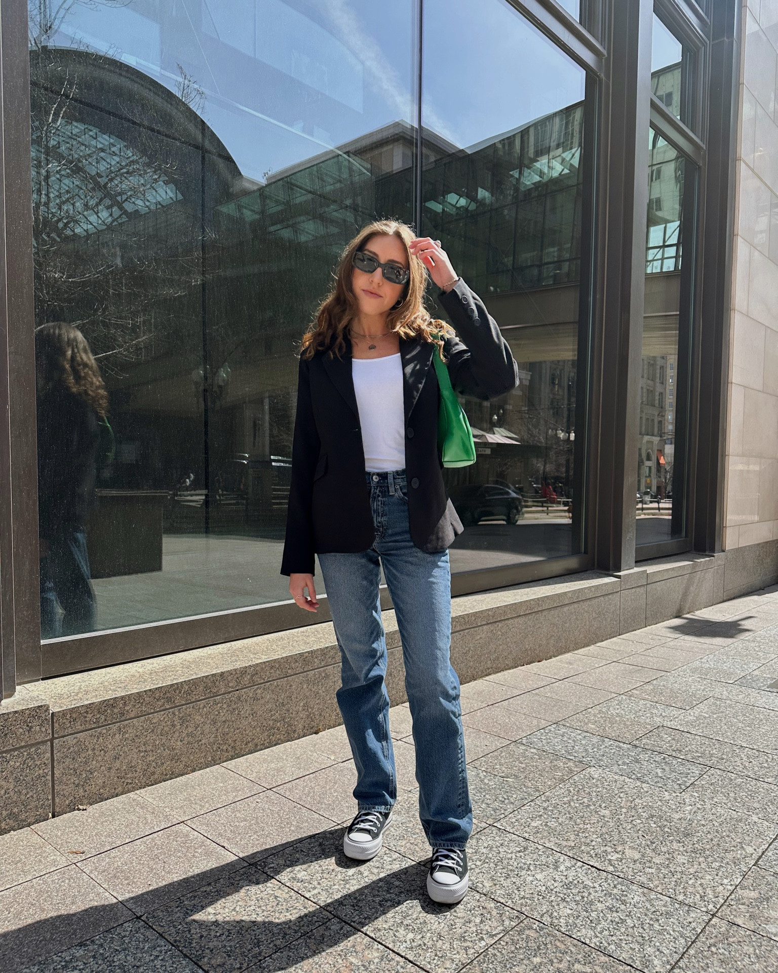 A pop of color 💚 Wearing size XS in Urban Outfitters Blazer & size 24 in American Eagle denim

#oversizedblazer #transitionaloutfits #transitionallooks #springfashion #spring #blazeroutfit #minimalfashion #streetfashion #streetstyle #minimaliststyle 

#LTKstyletip #LTKworkwear #LTKunder50