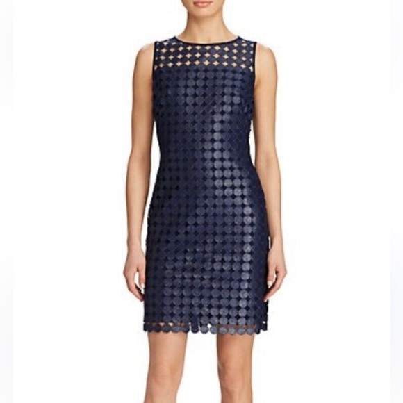 RALPH LAUREN Womens Navy Blue Dress Sheath Melia Dotted Metallic Overlay size 8 | Poshmark
