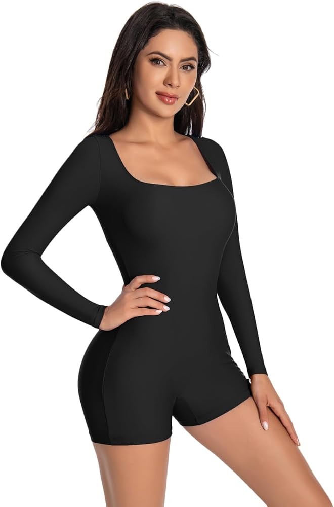 speerise Women's Long Sleeve Bodycon Romper One Piece Short Jumpsuit Yoga Square Neck Unitard Bod... | Amazon (US)