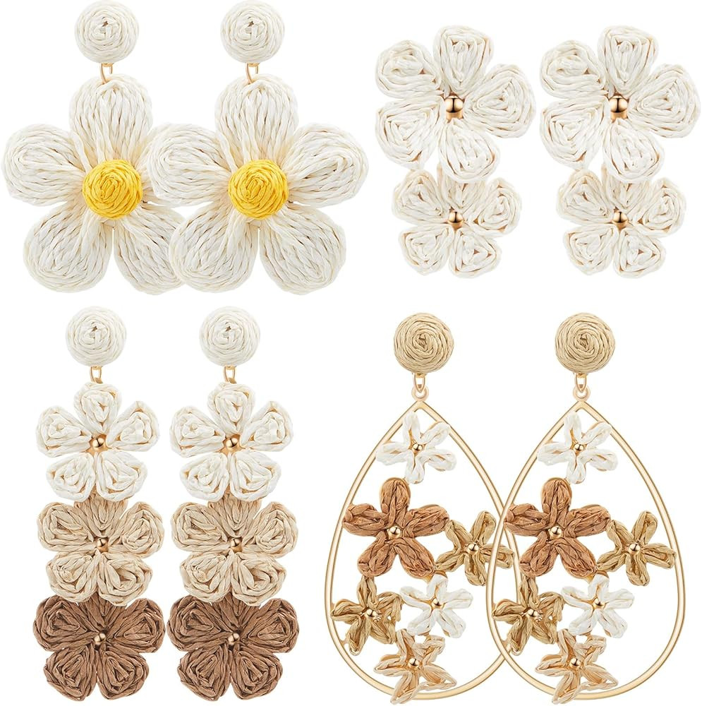 meekoo 4 Pairs Rattan Earrings for Women Beach Essentials Tassel Dangle Boho Straw Earrings | Amazon (US)