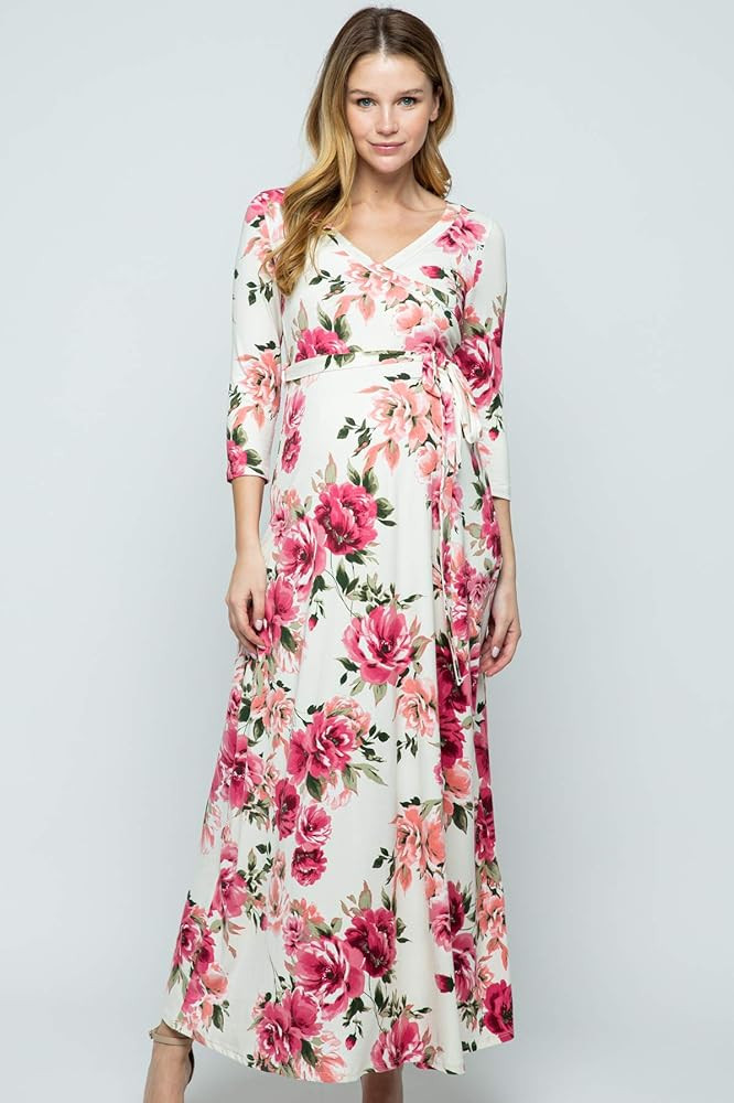 HELLO MIZ Women's Faux Wrap Maxi Maternity Dress with Belt - Made in USA | Amazon (US)