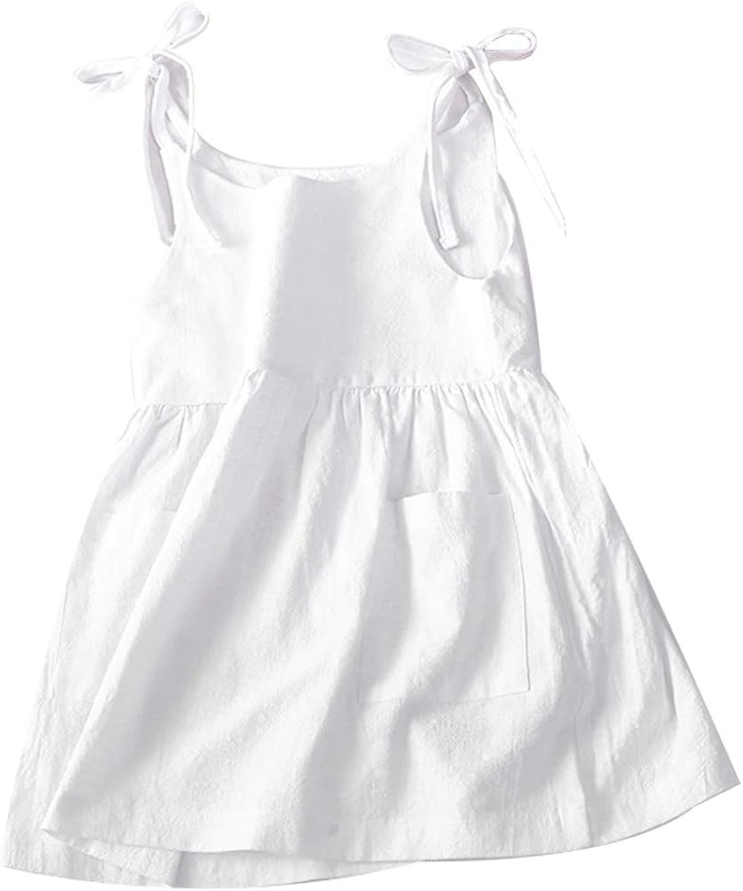 IZYJOY Toddler Baby Girl Summer Cotton Linen White Dresses Bow Straps Sleeveless with Pockets Lit... | Amazon (US)