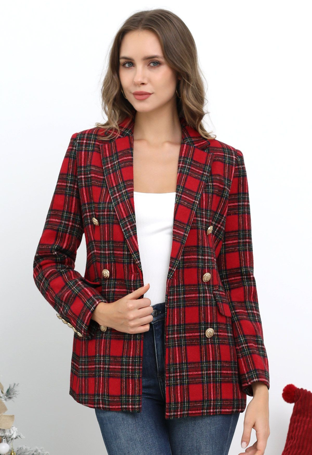 Red Tartan Double-Breasted Blazer | Chicwish