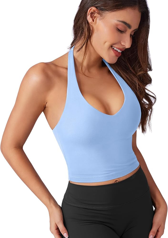 VOYJOY Halter Crop Top Padded V Neck Backless Workout Going Out Clothes | Amazon (US)