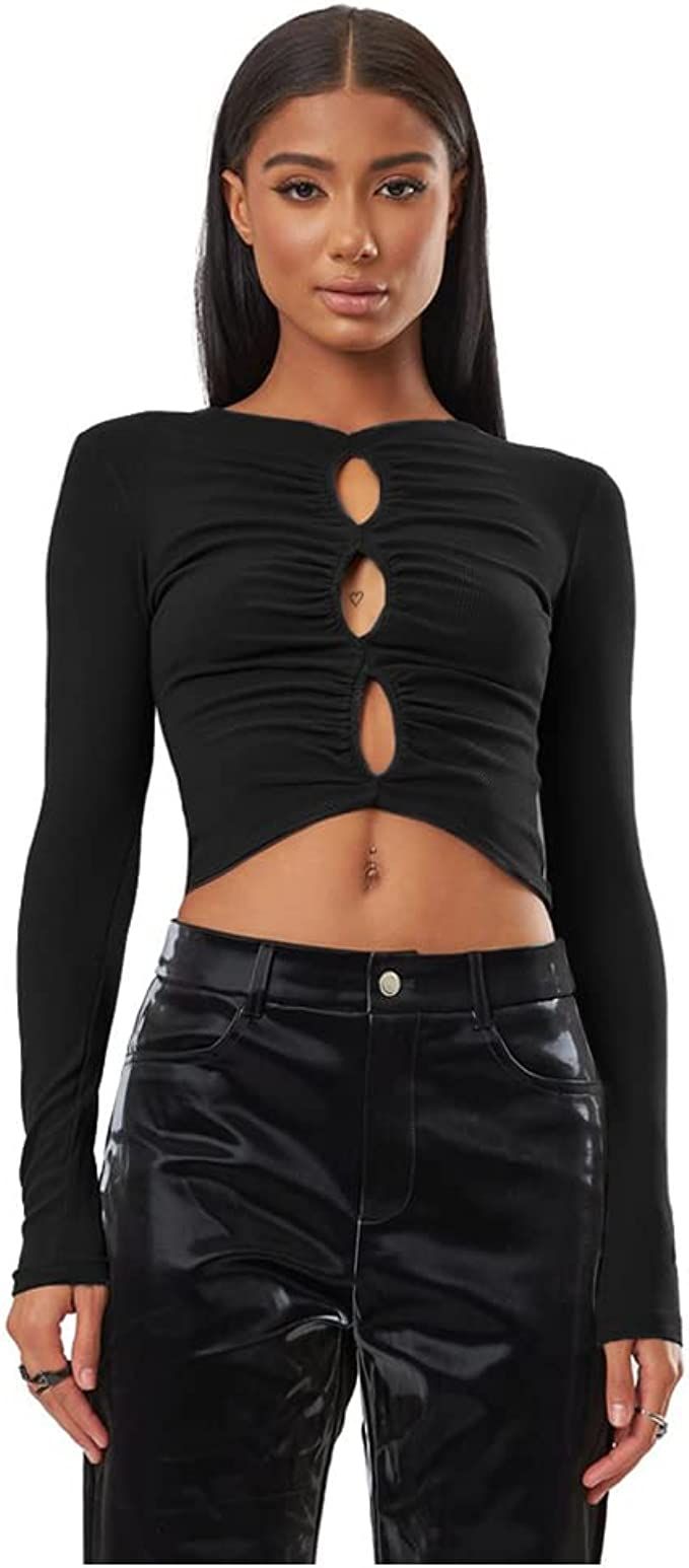 XLLAIS Sexy Long Sleeve Crop Tops for Women Cut Out Tight T Shirts for Party Club Fitted Cropped ... | Amazon (US)