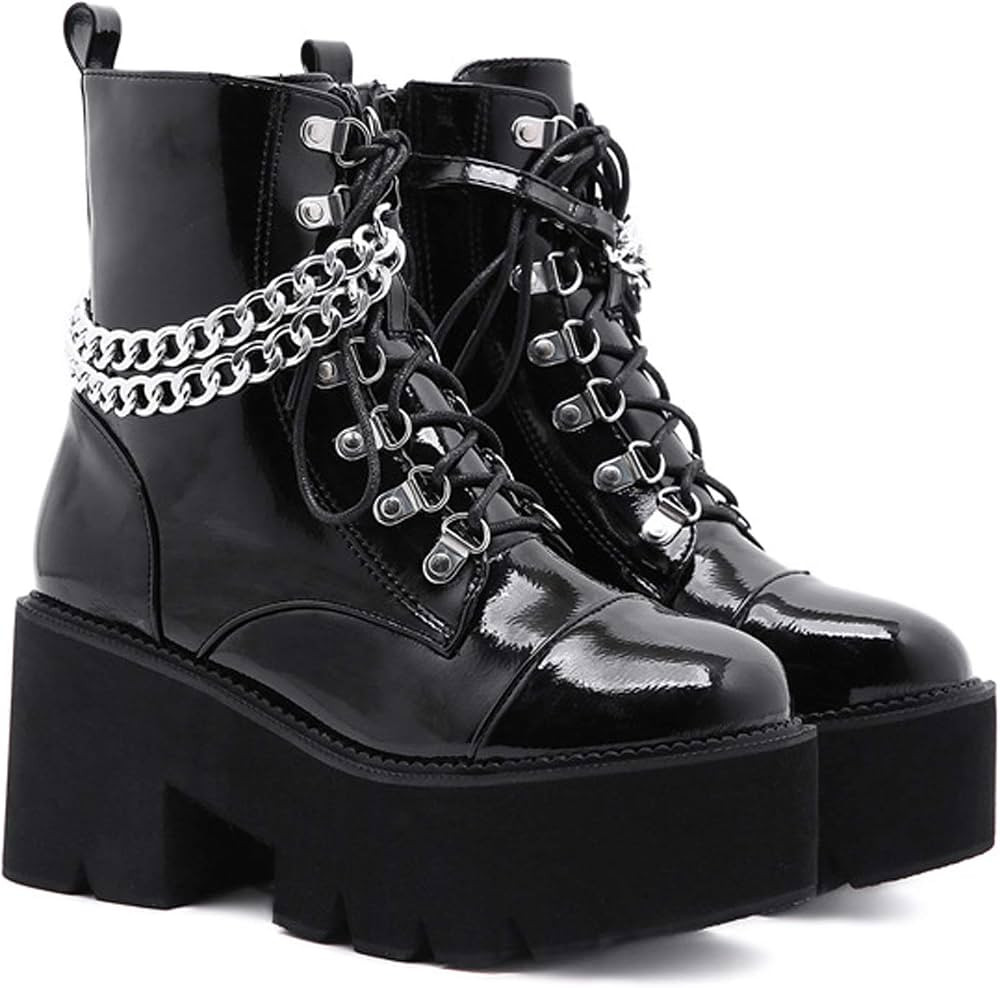 rui yue Womens Platform Boots Round Toe Chunky Ankle Boots Punk Boots Lace Up&Zipper Combat Boots | Amazon (US)