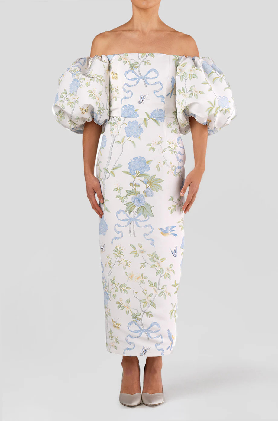 Sylvia Beheld Butterfly Floral Silk Faille Midi Dress | ALEXIA MARIA LLC