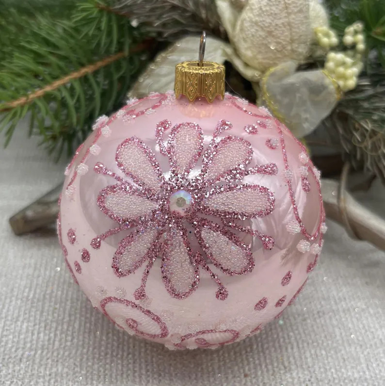 Pink Christmas Glass Ball Ornament, Hand Painted Xtmas Glass Decorations, Traditional XMAS Glass ... | Etsy (US)
