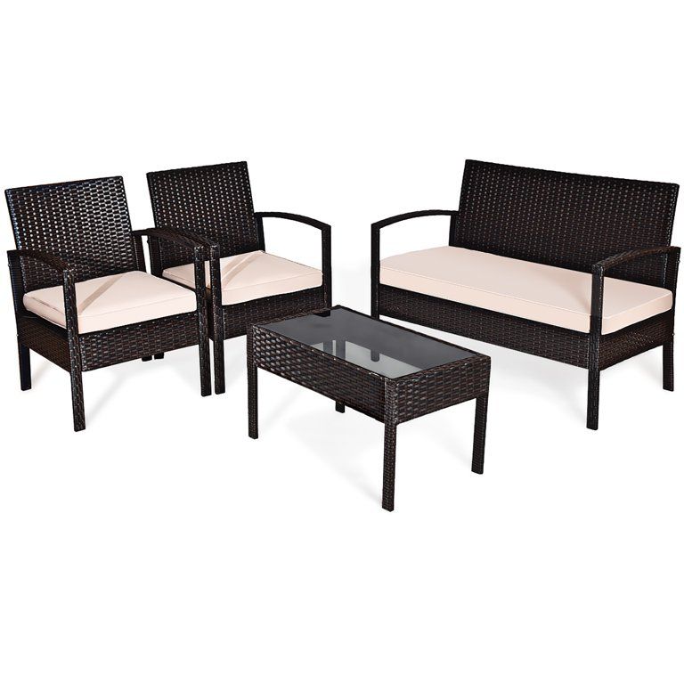 Goplus 4 Pieces Outdoor Patio Garden Black Rattan Wicker Sofa Set Furniture with Gray Cushions | Walmart (US)