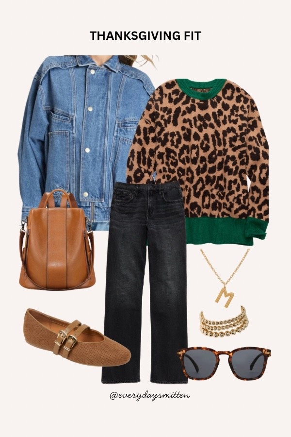 Thanksgiving outfit
Leopard sweater
Black denim jeans
Cognac brown flats
denim jacket bomber style
Backpack purse
Initial necklacee

#LTKFindsUnder50 #LTKSaleAlert #LTKHoliday