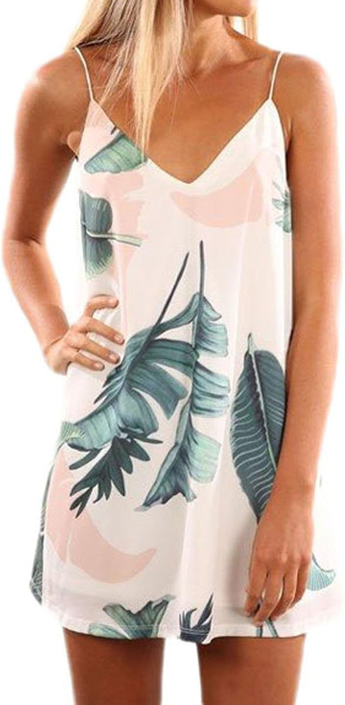 Shawhuwa Womens Sexy Print Summer Beach Boho Straps Short Dress | Amazon (US)