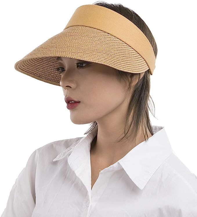 Womens Straw Sun Visor Hat Large Brim UV Protective Sewn Braid | Amazon (US)